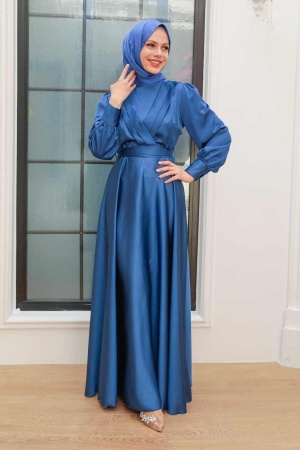 Neva Style - Satin İndigo Blue Islamic Engagement Gown 3367IM - 1