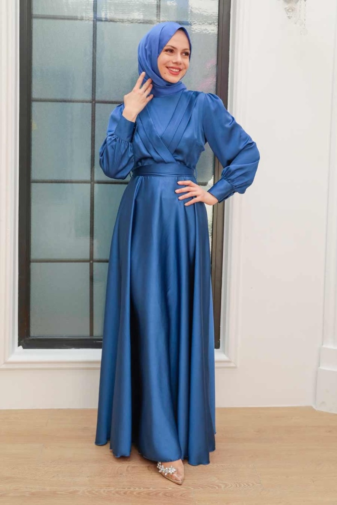 Neva Style - Satin İndigo Blue Islamic Engagement Gown 3367IM - 2