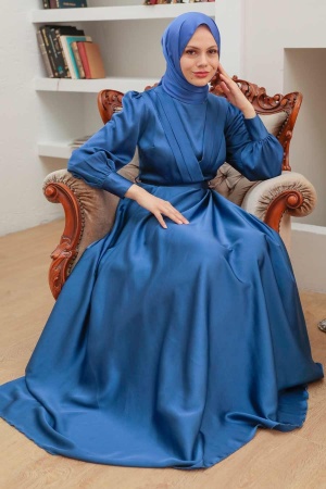 Neva Style - Satin İndigo Blue Islamic Engagement Gown 3367IM - 3