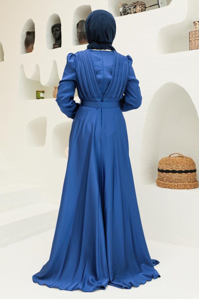 Neva Style - Long Sleeve İndigo Blue Islamic Long Sleeve Maxi Dress 3454IM - 3
