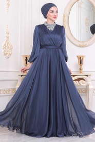 İndigo Blue Hijab Evening Dress 40550IM - Thumbnail