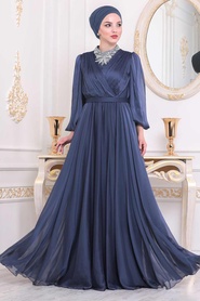 İndigo Blue Hijab Evening Dress 40550IM - Thumbnail