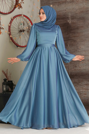 Neva Style - Elegant İndigo Blue Islamic Clothing Evening Gown 5215IM - Thumbnail