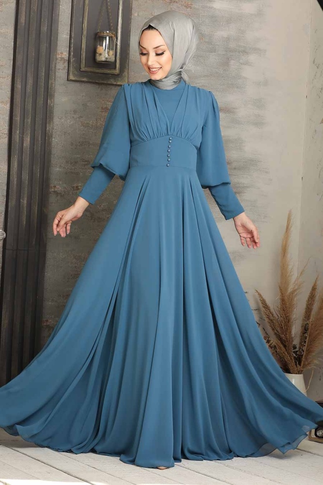 Neva Style - Plus Size İndigo Blue Modest Prom Dress 53810IM - 1