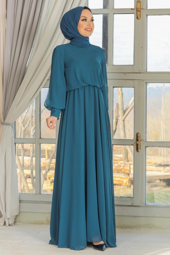 Neva Style - Plus Size İndigo Blue Islamic Evening Dress 54030IM - 3