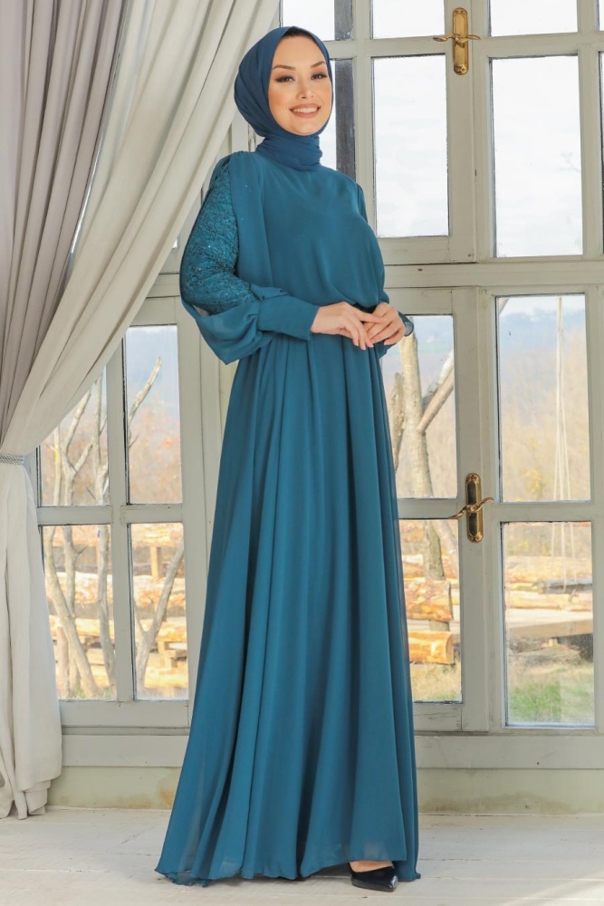 Neva Style - Plus Size İndigo Blue Islamic Evening Dress 54030IM - 1