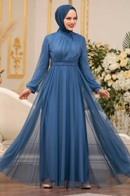 Neva Style - Modern İndigo Blue Islamic Clothing Evening Gown 5514IM - Thumbnail