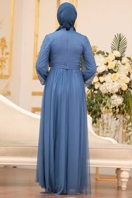 Neva Style - Modern İndigo Blue Islamic Clothing Evening Gown 5514IM - Thumbnail