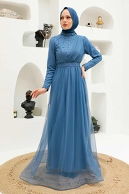Neva Style - Plus Size İndigo Blue Muslim Dress 56641IM - Thumbnail