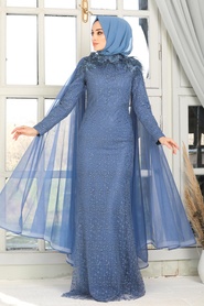 İndigo Blue Hijab Evening Dress 7530IM - Thumbnail