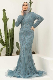Neva Style - Luxorious İndigo Blue Muslim Evening Gown 820IM - Thumbnail