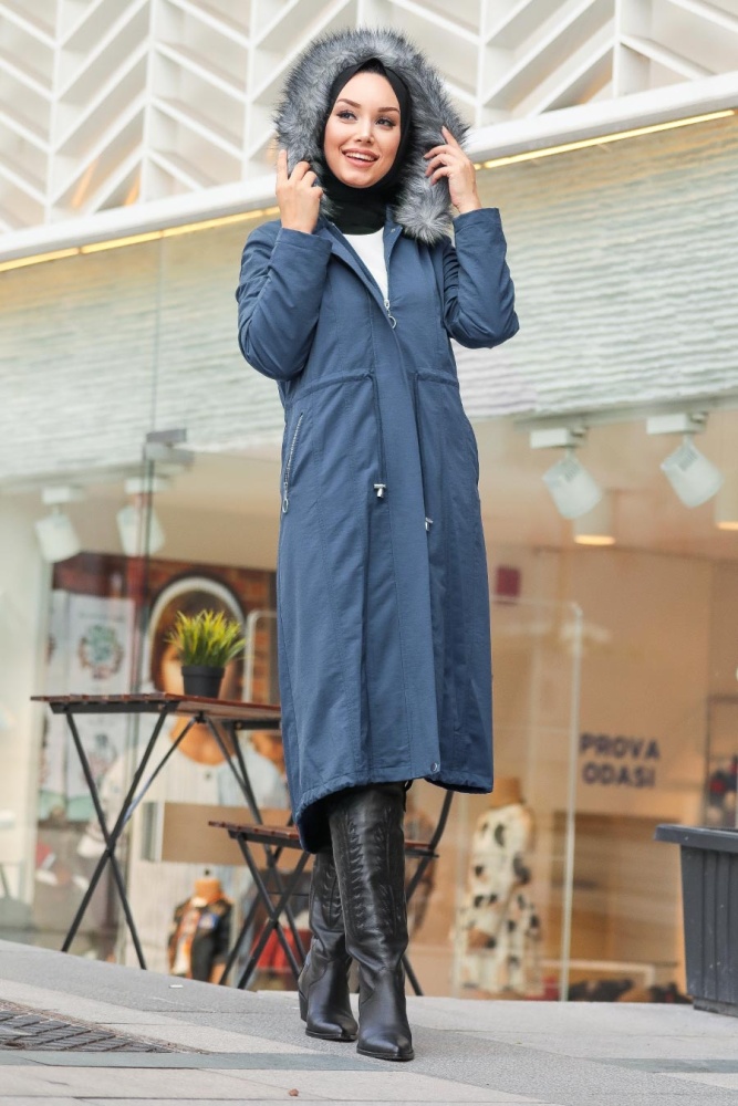 İndigo Blue Hijab Parka Coat 90680IM - 1