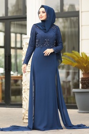İndigo Blue Hijab Evening Dress 3873IM - Thumbnail