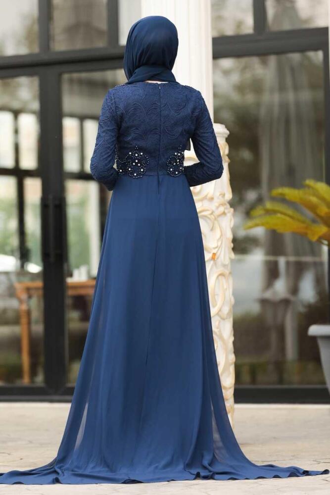 İndigo Blue Hijab Evening Dress 3873IM - 2