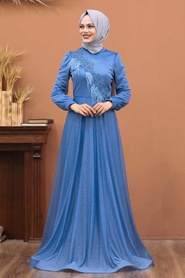 İndigo Blue Hijab Evening Dress 39210IM - Thumbnail