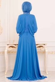 Neva Style - Long Sleeve İndigo Blue Islamic Prom Dress 46230IM - Thumbnail