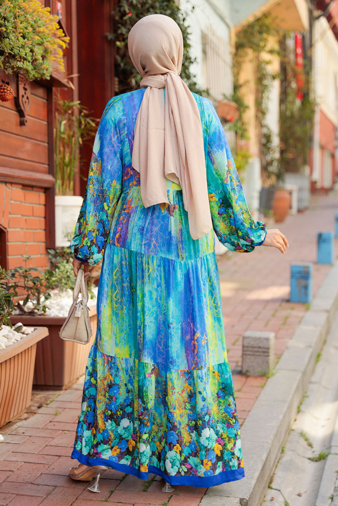 İndigo Blue Modest Floral Long Dress 18235IM - 4