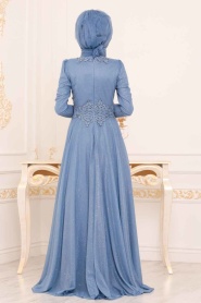 Indigo Blue - Tesettürlü Abiye Elbise - Robe de Soirée Hijab - 20210IM - Thumbnail