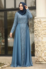 Indigo Blue - Tesettürlü Abiye Elbise - Robe de Soirée Hijab - 3899IM - Thumbnail