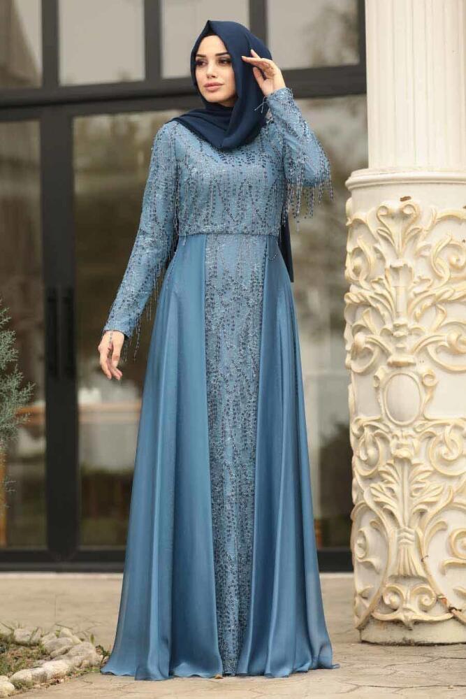 Indigo Blue - Tesettürlü Abiye Elbise - Robe de Soirée Hijab - 3899IM - 1