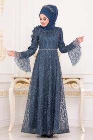 Indigo Blue - Tesettürlü Abiye Elbise - Robe de Soirée Hijab - 3938IM - Thumbnail