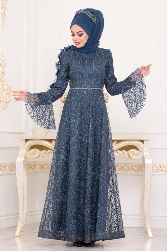 Indigo Blue - Tesettürlü Abiye Elbise - Robe de Soirée Hijab - 3938IM - 1