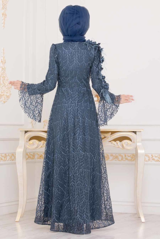Indigo Blue - Tesettürlü Abiye Elbise - Robe de Soirée Hijab - 3938IM - 2