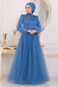 Indigo Blue - Tesettürlü Abiye Elbise - Robes de Soirée Hijab - 40460IM - Thumbnail
