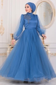 Indigo Blue - Tesettürlü Abiye Elbise - Robes de Soirée Hijab - 40460IM - Thumbnail