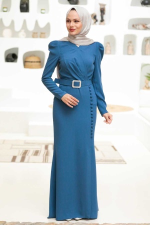 Neva Style - Modern İndigo Blue Hijab Prom Dress 3231IM - Thumbnail