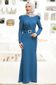 Neva Style - Modern İndigo Blue Hijab Prom Dress 3231IM - Thumbnail
