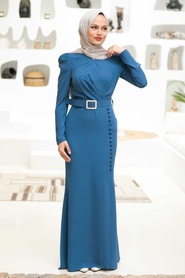 Neva Style - Modern İndigo Blue Hijab Prom Dress 3231IM - Thumbnail