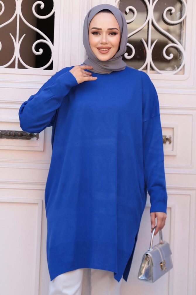 İndigo Mavisi Tesettür Triko Kazak Tunik 17203IM - 2