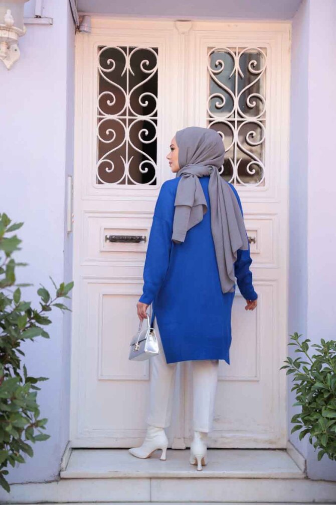 İndigo Mavisi Tesettür Triko Kazak Tunik 17203IM - 3