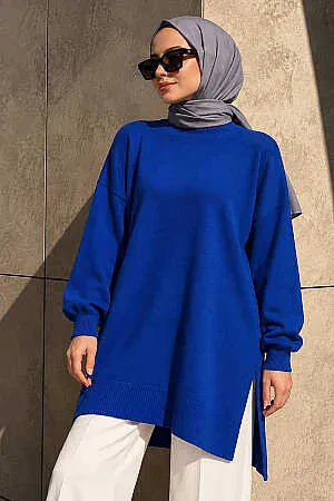 İndigo Mavisi Tesettür Triko Kazak Tunik 17203IM 