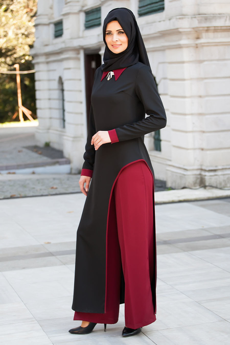 İpekdal - İkili Yırtmaçlı Pantolonlu Siyah/Bordo Tesettür Elbise 6053SBR