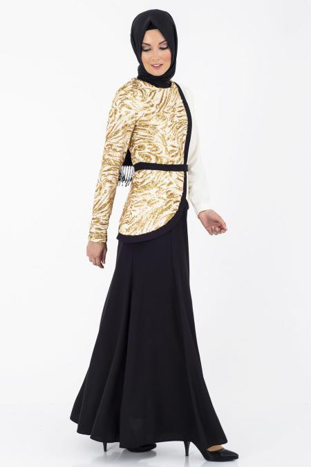 İpekdal - Altın İşlemeli Tesettür Elbise 3913ES