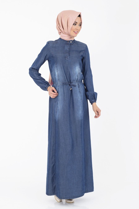 İpekdal - Belden Büzgülü Lacivert Kot Tesettür Elbise 3832L