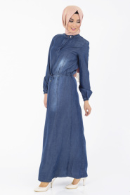 İpekdal - Belden Büzgülü Lacivert Kot Tesettür Elbise 3832L - Thumbnail