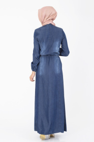 İpekdal - Belden Büzgülü Lacivert Kot Tesettür Elbise 3832L - Thumbnail