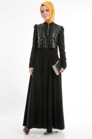 İpekdal - Deri Detaylı Siyah Tesettür Elbise 3785S - Thumbnail