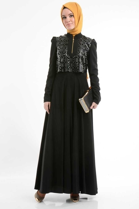 İpekdal - Deri Detaylı Siyah Tesettür Elbise 3785S