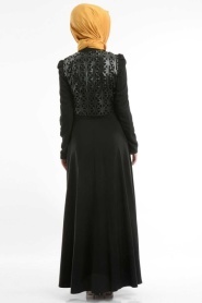 İpekdal - Deri Detaylı Siyah Tesettür Elbise 3785S - Thumbnail