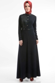 İpekdal - Deri İşleme Detaylı Lacivert Tesettür Elbise 3801L - Thumbnail