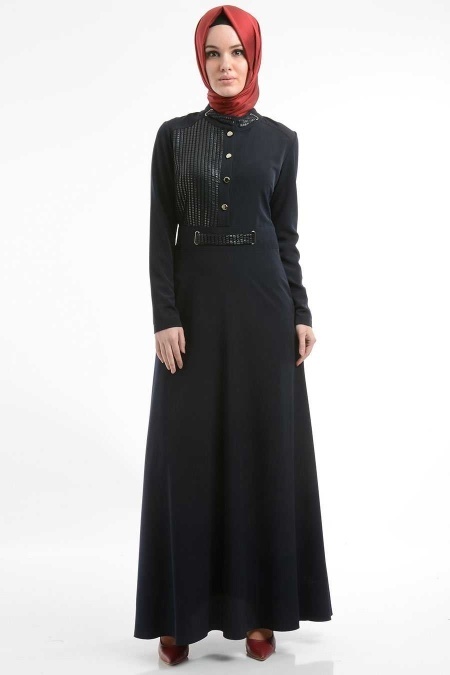 İpekdal - Deri İşleme Detaylı Lacivert Tesettür Elbise 3801L