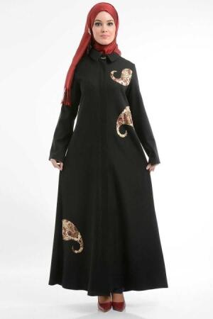 İpekdal - Desenli Siyah Tesettür Ferace 9218S - 1