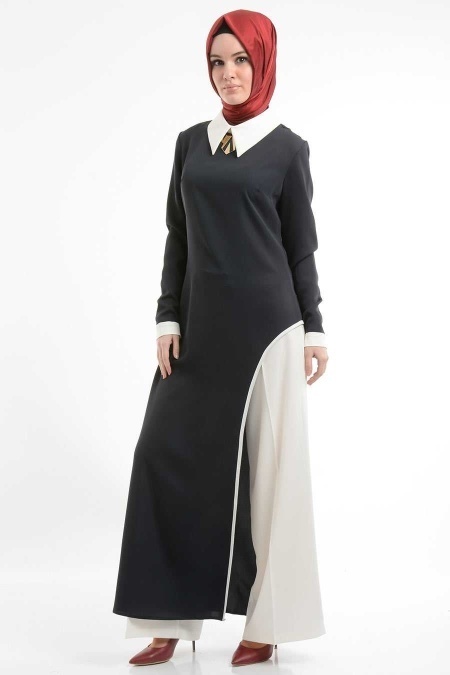 İpekdal - İkili Yırtmaçlı Pantolonlu Lacivert Tesettür Elbise 6053L