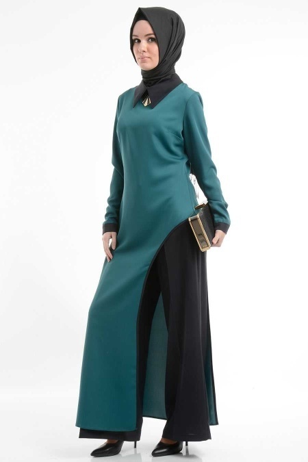 İpekdal - İkili Yırtmaçlı Pantolonlu Yeşil Tesettür Elbise 6053Y