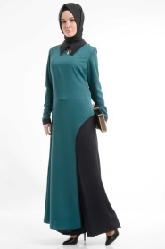 İpekdal - İkili Yırtmaçlı Pantolonlu Yeşil Tesettür Elbise 6053Y - Thumbnail