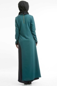 İpekdal - İkili Yırtmaçlı Pantolonlu Yeşil Tesettür Elbise 6053Y - Thumbnail